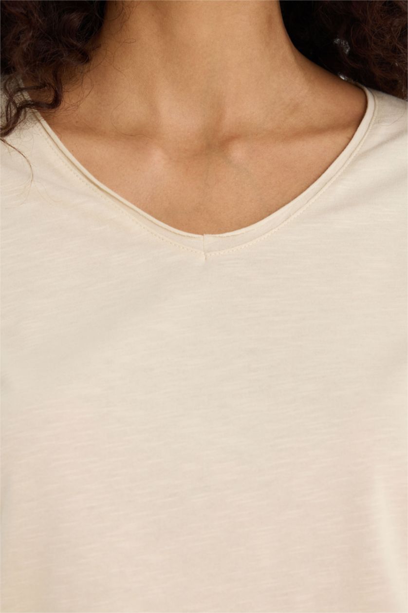 WOMAN Beige Regular Fit V Neck Short Sleeve T-Shirt