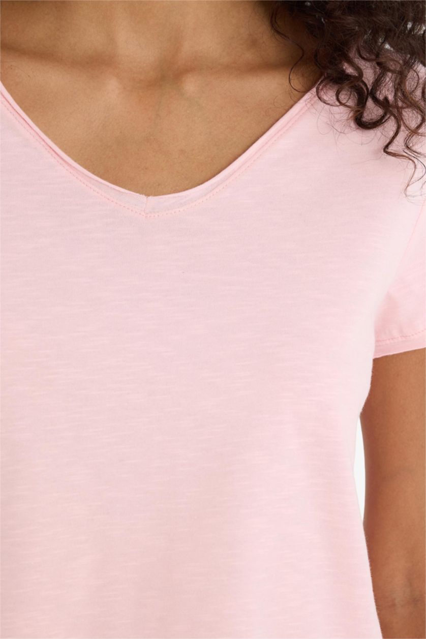 نساء زهري فاتح تيشيرت نص كم قصة عادية برقبة V