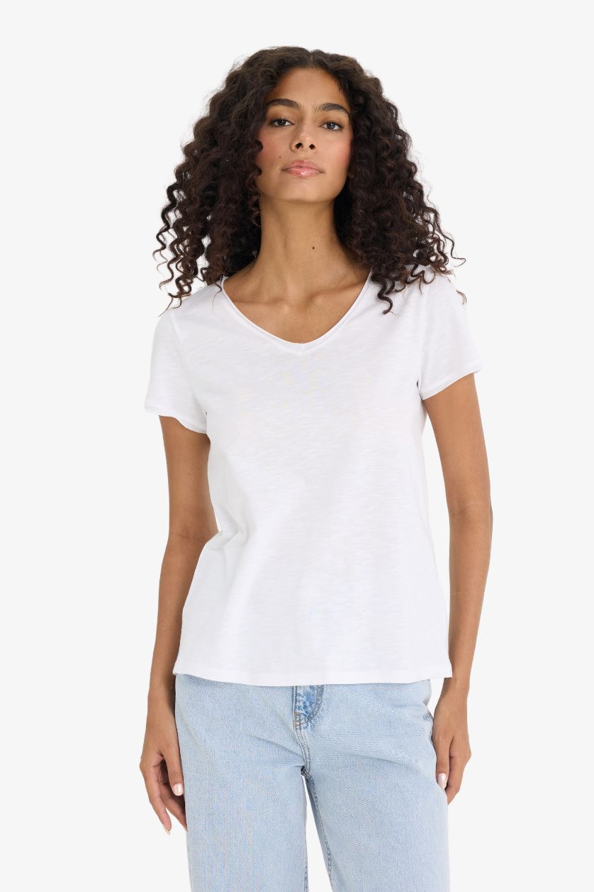 نساء أبيض Regular Fit V Neck Short Sleeve T-Shirt