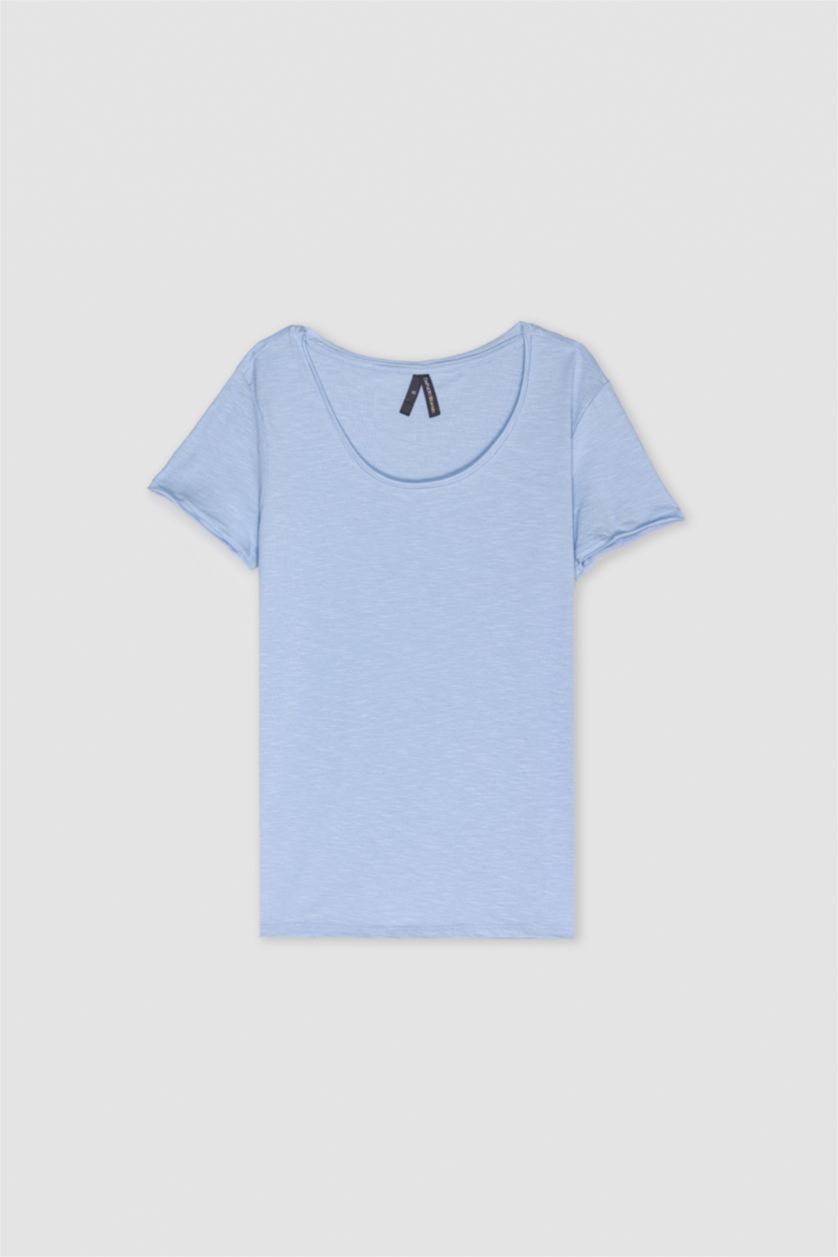نساء أزرق فاتح ت شيرت عادي نص كم ورقبة مستديرة