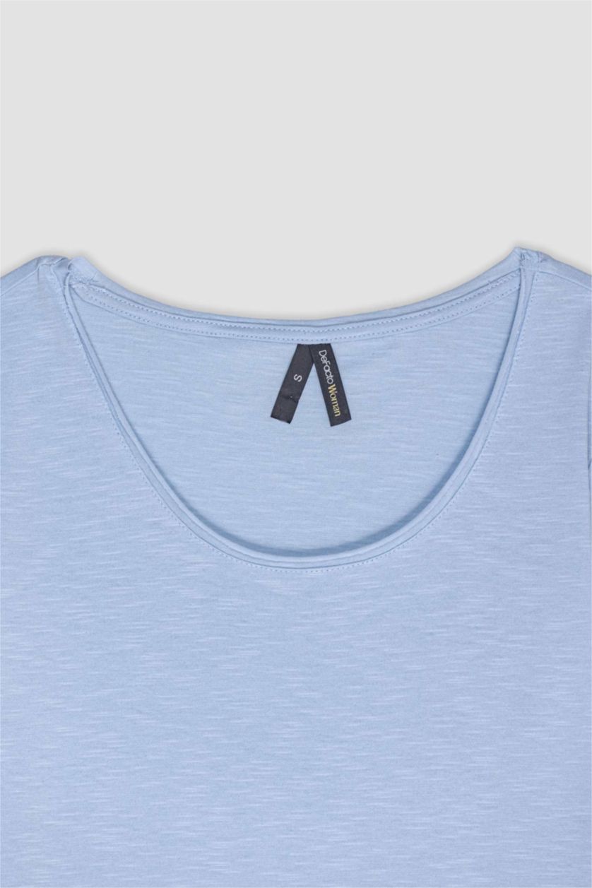 نساء أزرق فاتح ت شيرت عادي نص كم ورقبة مستديرة