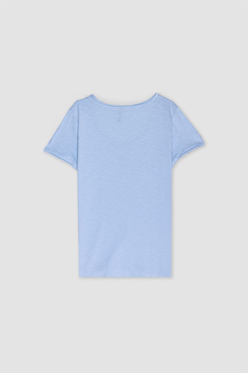 نساء أزرق فاتح ت شيرت عادي نص كم ورقبة مستديرة