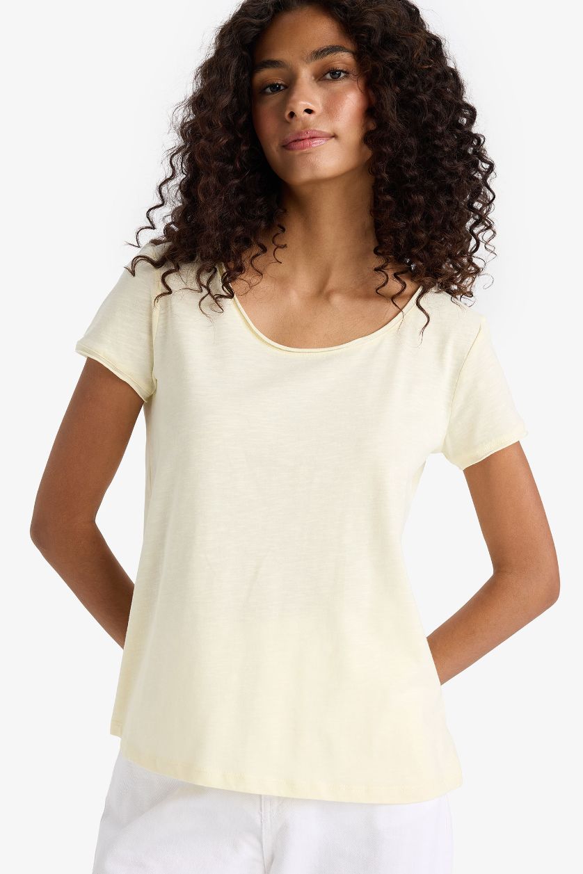 نساء أصفر فاتح تيشيرت نص كم قصة عادية برقبة مستديرة