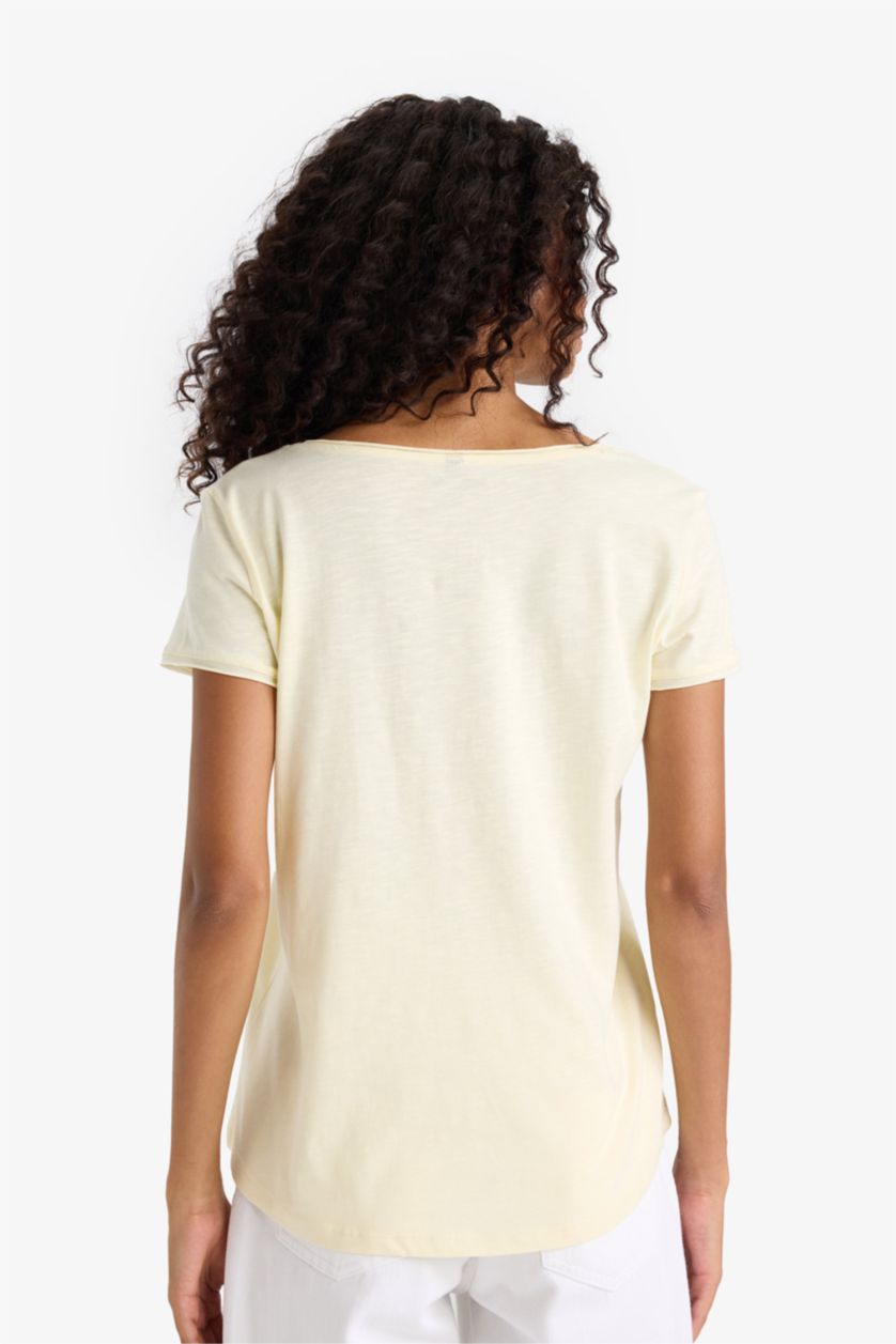 نساء أصفر فاتح تيشيرت نص كم قصة عادية برقبة مستديرة