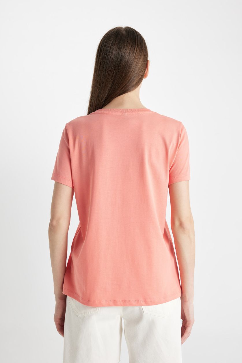 نساء زهري تيشيرت نص كم بطبعة شعار قصة عادية برقبة مستديرة