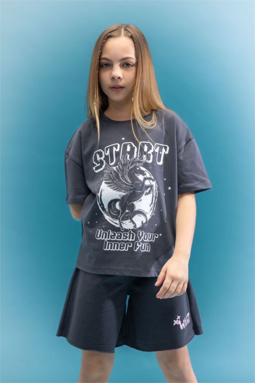 GIRLS & TEENS Anthracite Girl Relax Fit Crew Neck Printed Short Sleeve T-Shirt