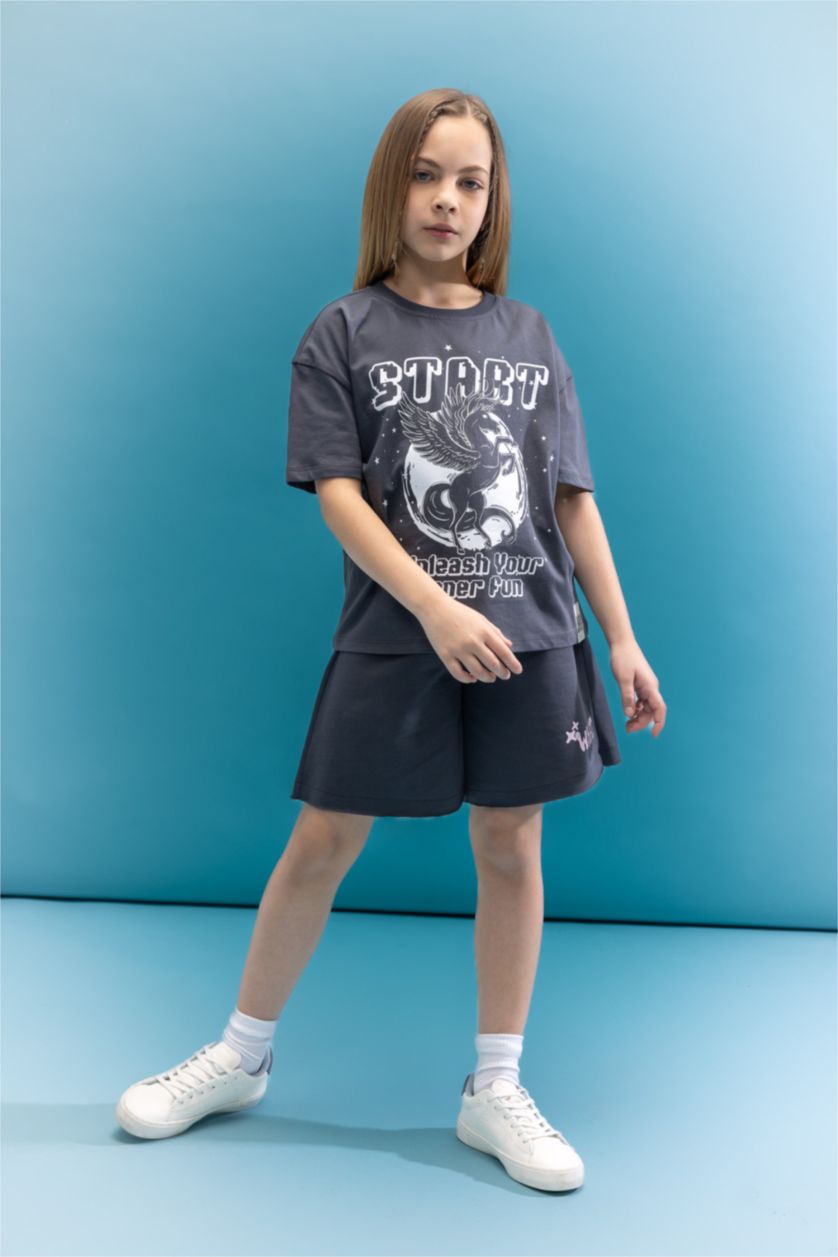 GIRLS & TEENS Anthracite Girl Relax Fit Crew Neck Printed Short Sleeve T-Shirt