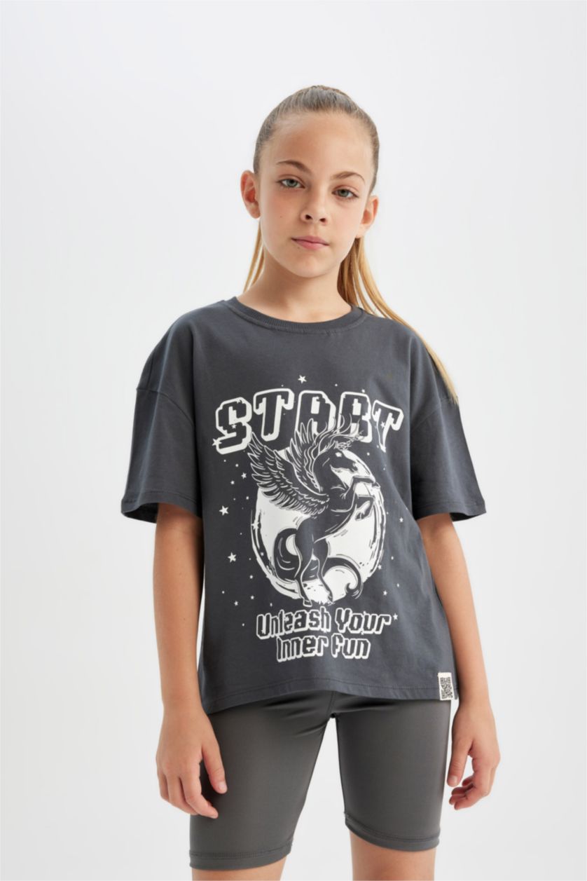 GIRLS & TEENS Anthracite Girl Relax Fit Crew Neck Printed Short Sleeve T-Shirt