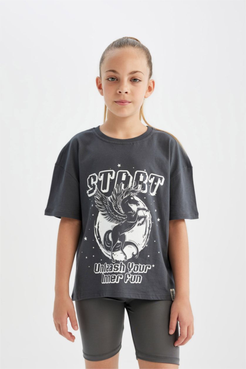 GIRLS & TEENS Anthracite Girl Relax Fit Crew Neck Printed Short Sleeve T-Shirt