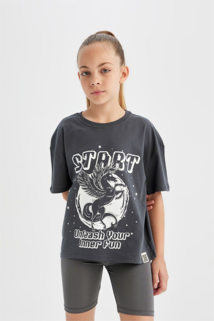 GIRLS & TEENS Anthracite Girl Relax Fit Crew Neck Printed Short Sleeve T-Shirt