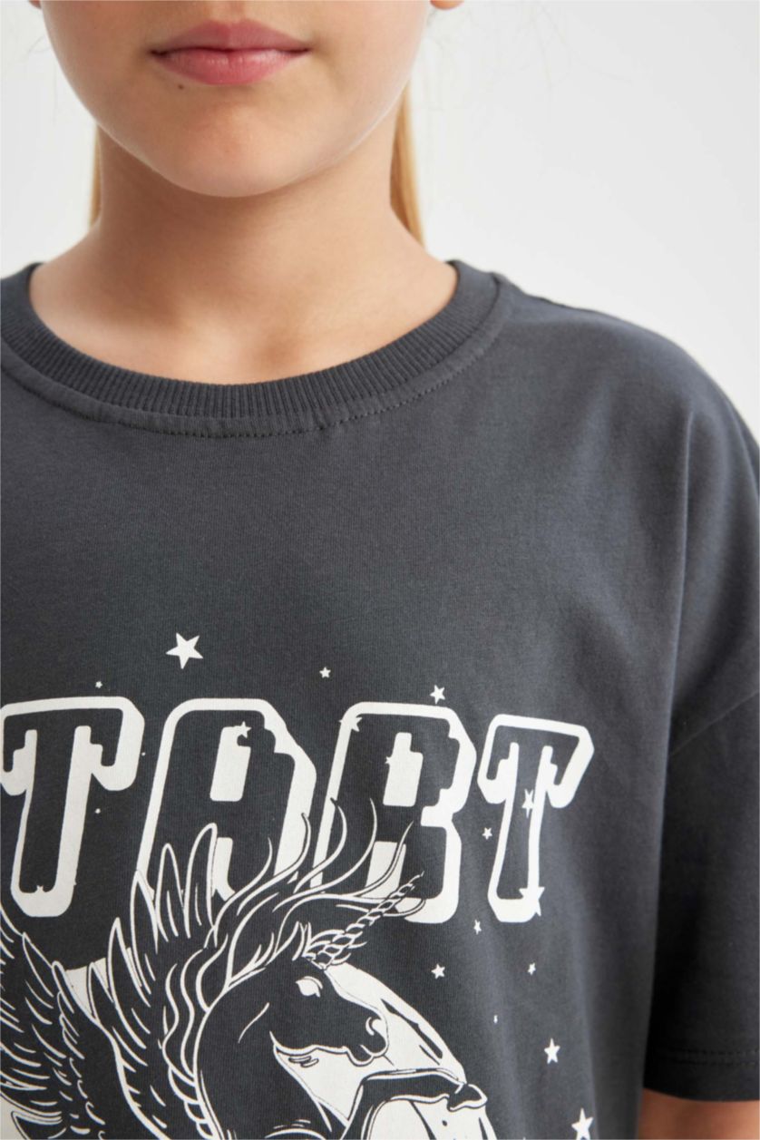 GIRLS & TEENS Anthracite Girl Relax Fit Crew Neck Printed Short Sleeve T-Shirt