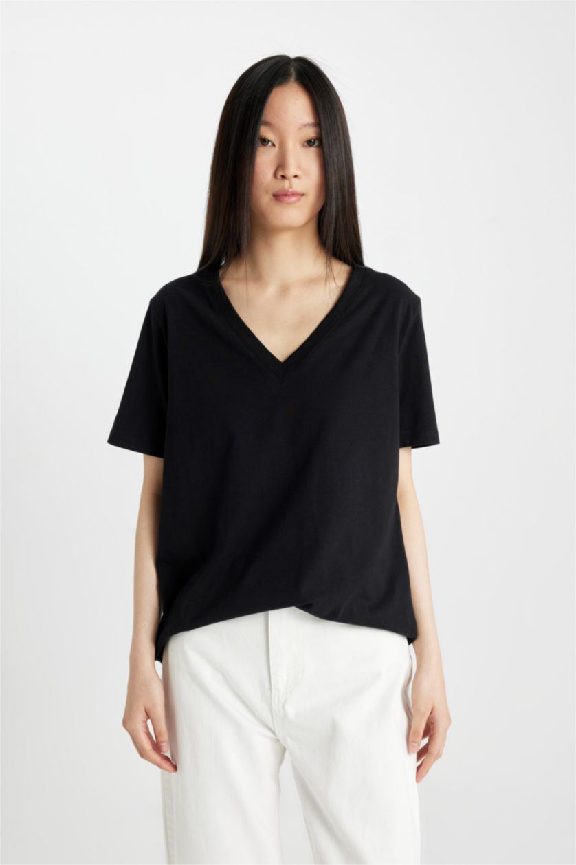 WOMAN Black Regular Fit V-Neck Short Sleeve T-Shirt