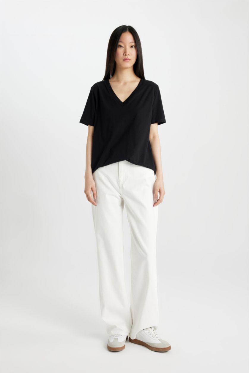 WOMAN Black Regular Fit V-Neck Short Sleeve T-Shirt