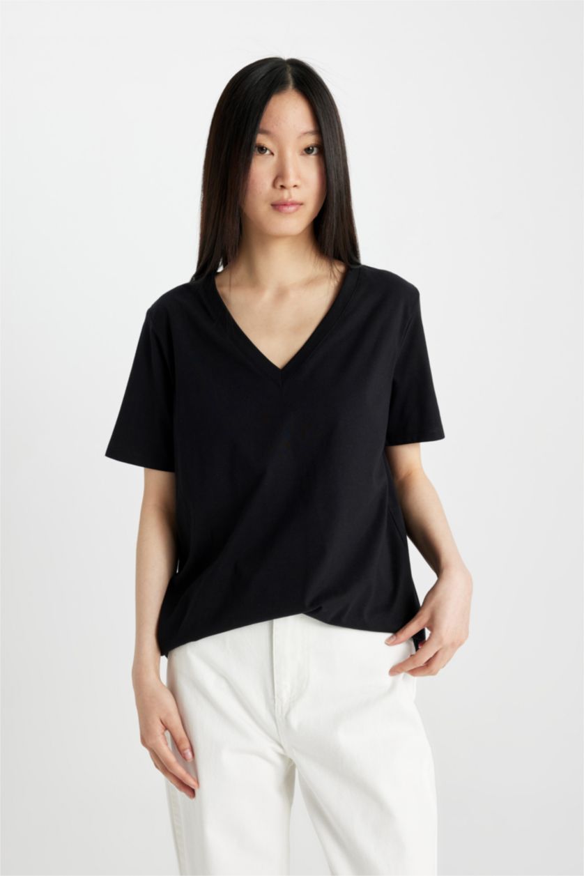 WOMAN Black Regular Fit V-Neck Short Sleeve T-Shirt