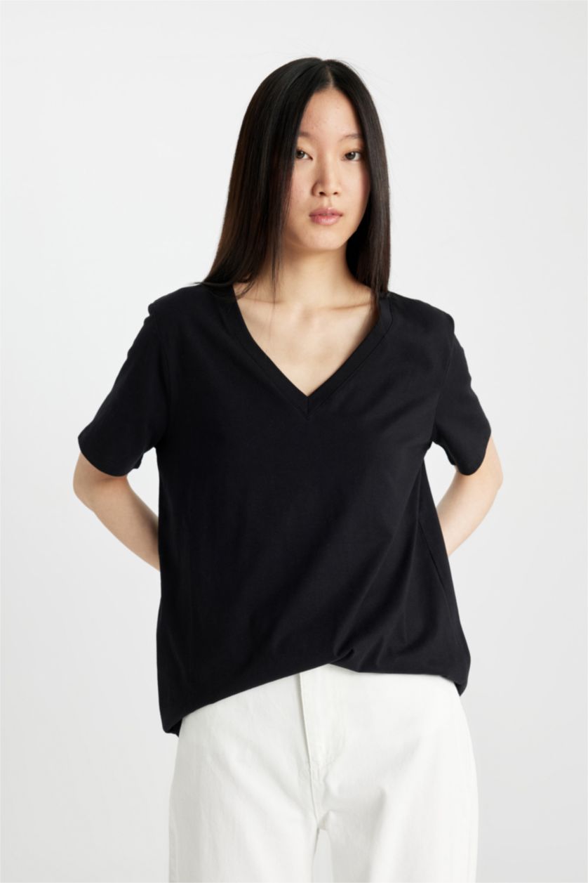 WOMAN Black Regular Fit V-Neck Short Sleeve T-Shirt