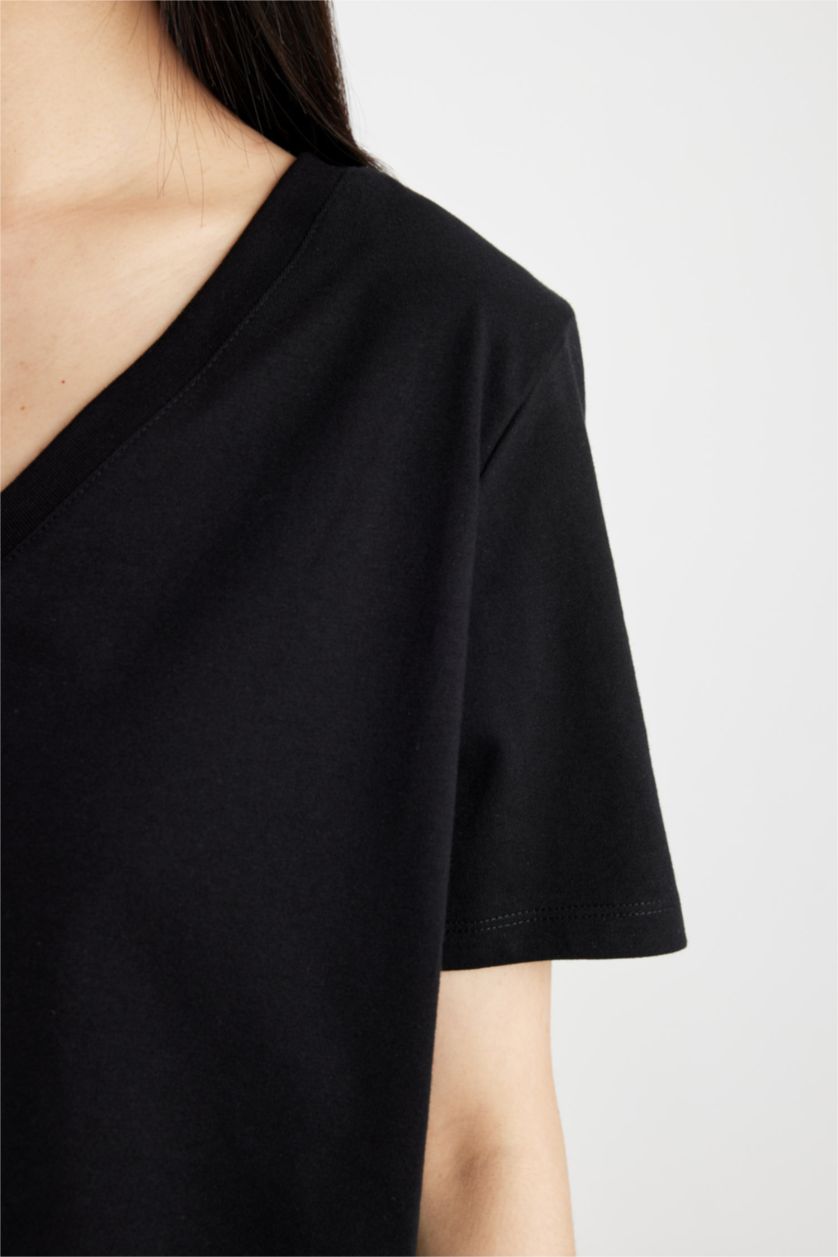 WOMAN Black Regular Fit V-Neck Short Sleeve T-Shirt