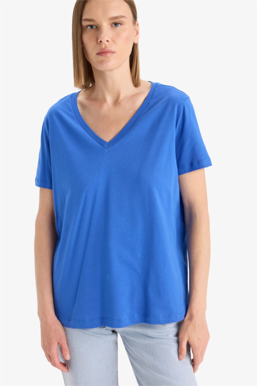 WOMAN Sax Regular Fit V Neck Cotton T-Shirt