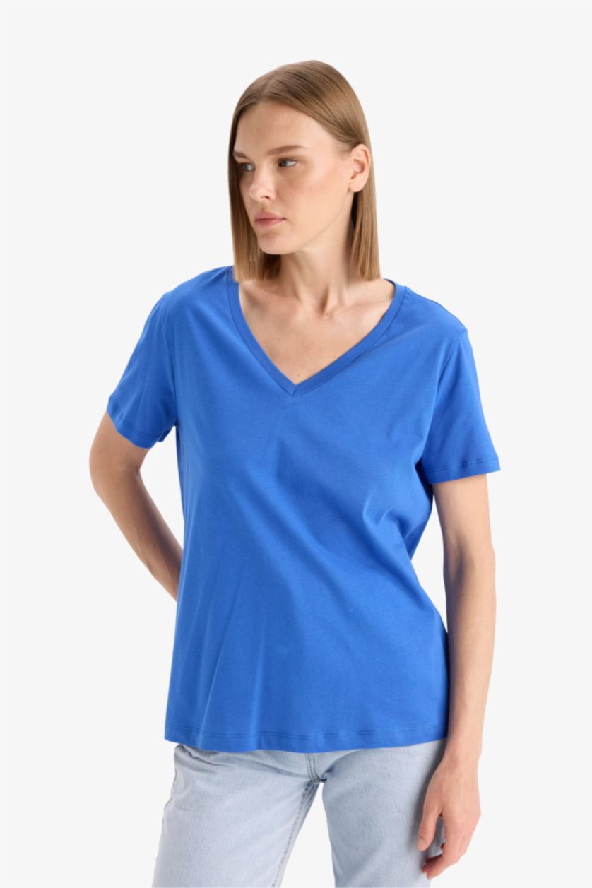 WOMAN Sax Regular Fit V Neck Cotton T-Shirt