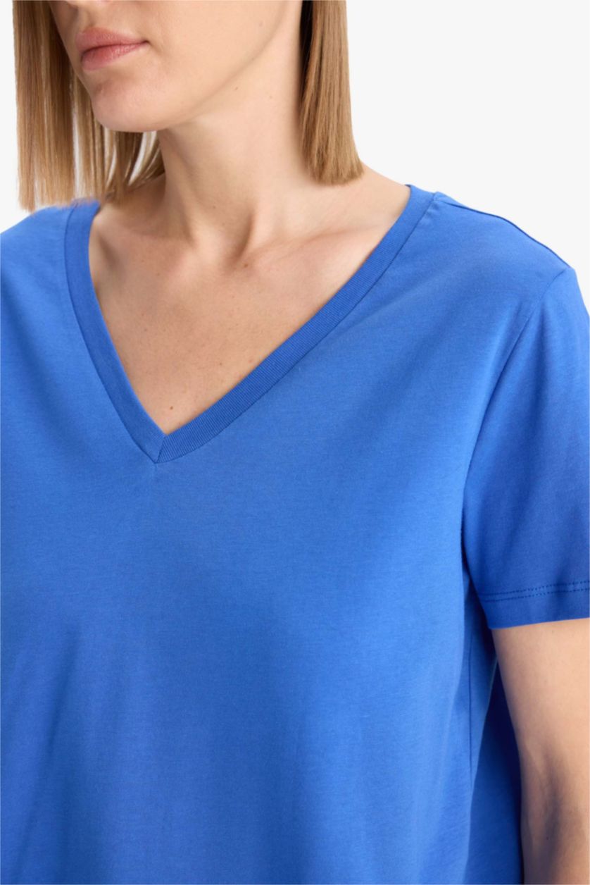 WOMAN Sax Regular Fit V Neck Cotton T-Shirt