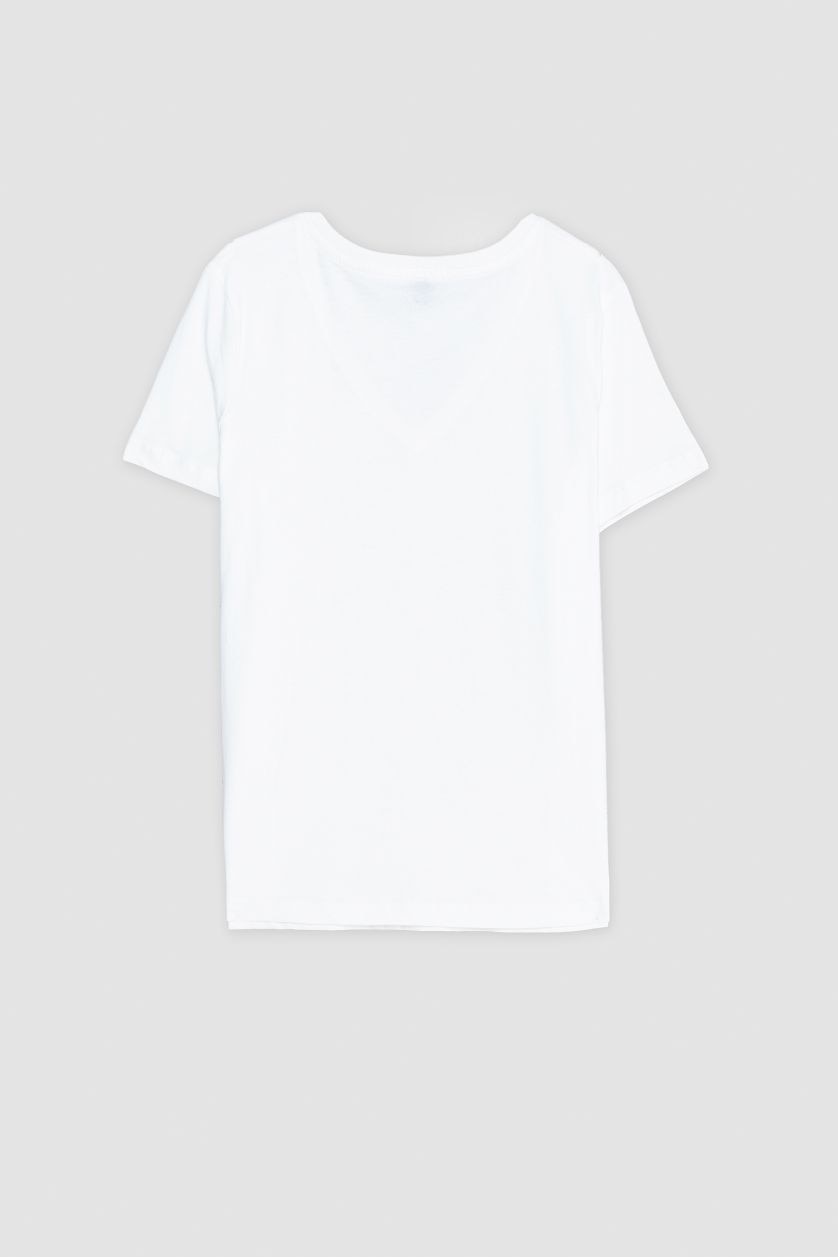 نساء بيج فاتح تيشيرت نص كم من قطن قصة عادية برقبة V