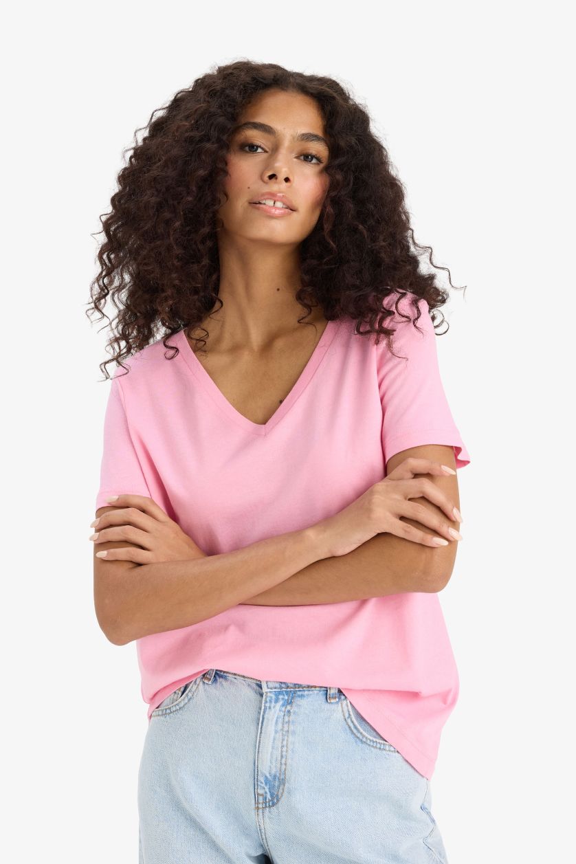 نساء زهري تيشيرت نص كم عادي برقبة V من قطن ممشط