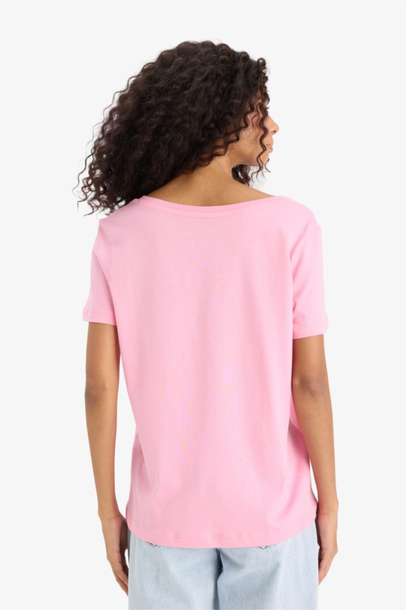 نساء زهري تيشيرت نص كم عادي برقبة V من قطن ممشط