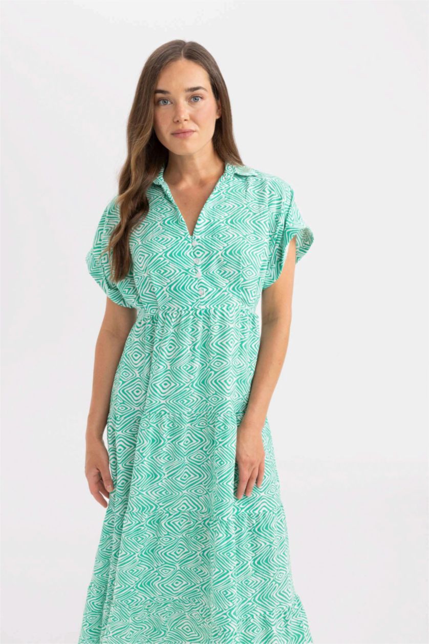Kadın Yeşil Gömlek Yaka Desenli Viskon Kısa Kollu Maxi Elbise