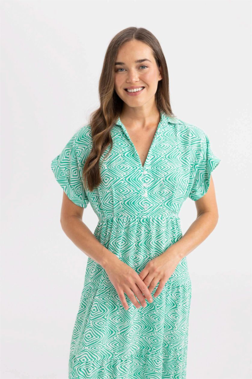 Kadın Yeşil Gömlek Yaka Desenli Viskon Kısa Kollu Maxi Elbise
