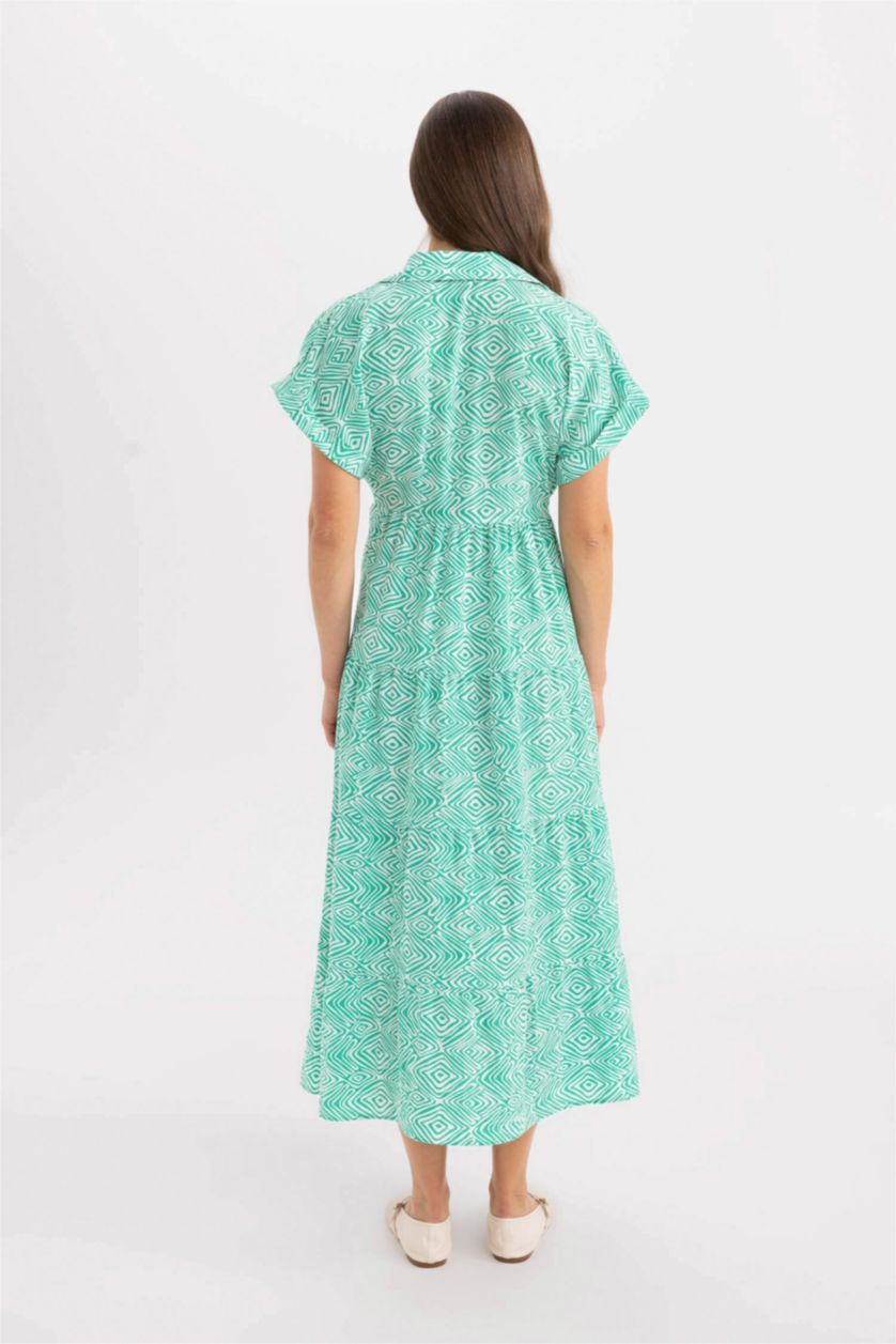 Kadın Yeşil Gömlek Yaka Desenli Viskon Kısa Kollu Maxi Elbise