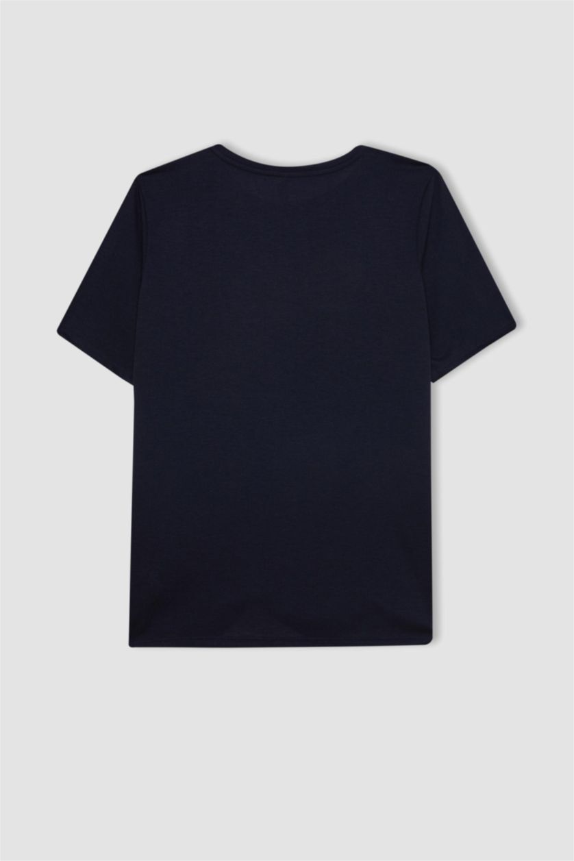 نساء كحلي تي شيرت نص كم قصة عادية بياقة مستديرة