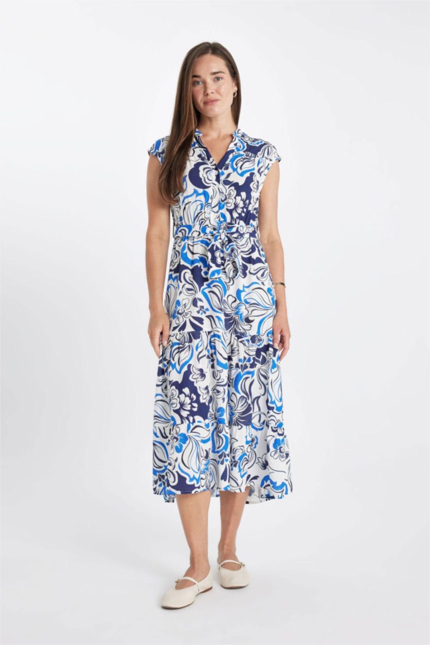 نساء اللون الملكي فستان ميدي بدون ردن بياخة قميص