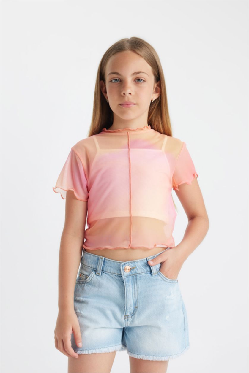 Kız Çocuk - Genç Kız Pembe 2'li Takım Crop Bisiklet Yaka Degrade Baskılı Tül Kısa Kollu Tişört Atlet Kız Çocuk