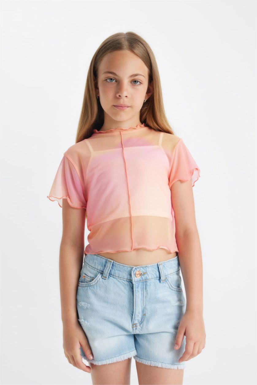 Kız Çocuk - Genç Kız Pembe 2'li Takım Crop Bisiklet Yaka Degrade Baskılı Tül Kısa Kollu Tişört Atlet Kız Çocuk