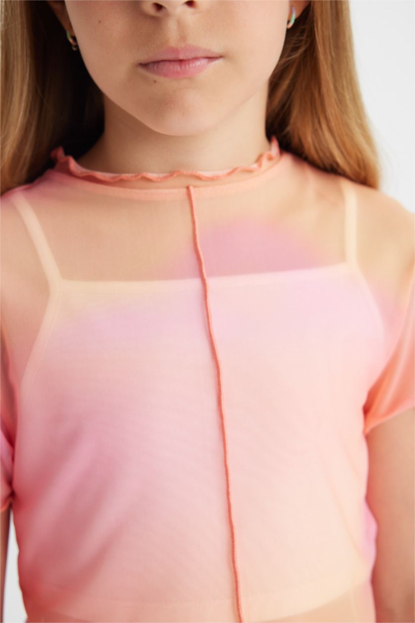 Kız Çocuk - Genç Kız Pembe 2'li Takım Crop Bisiklet Yaka Degrade Baskılı Tül Kısa Kollu Tişört Atlet Kız Çocuk