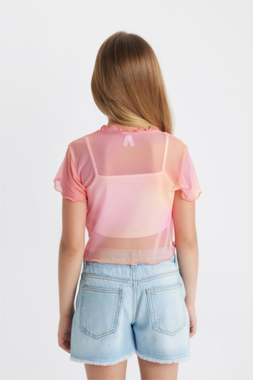 Kız Çocuk - Genç Kız Pembe 2'li Takım Crop Bisiklet Yaka Degrade Baskılı Tül Kısa Kollu Tişört Atlet Kız Çocuk
