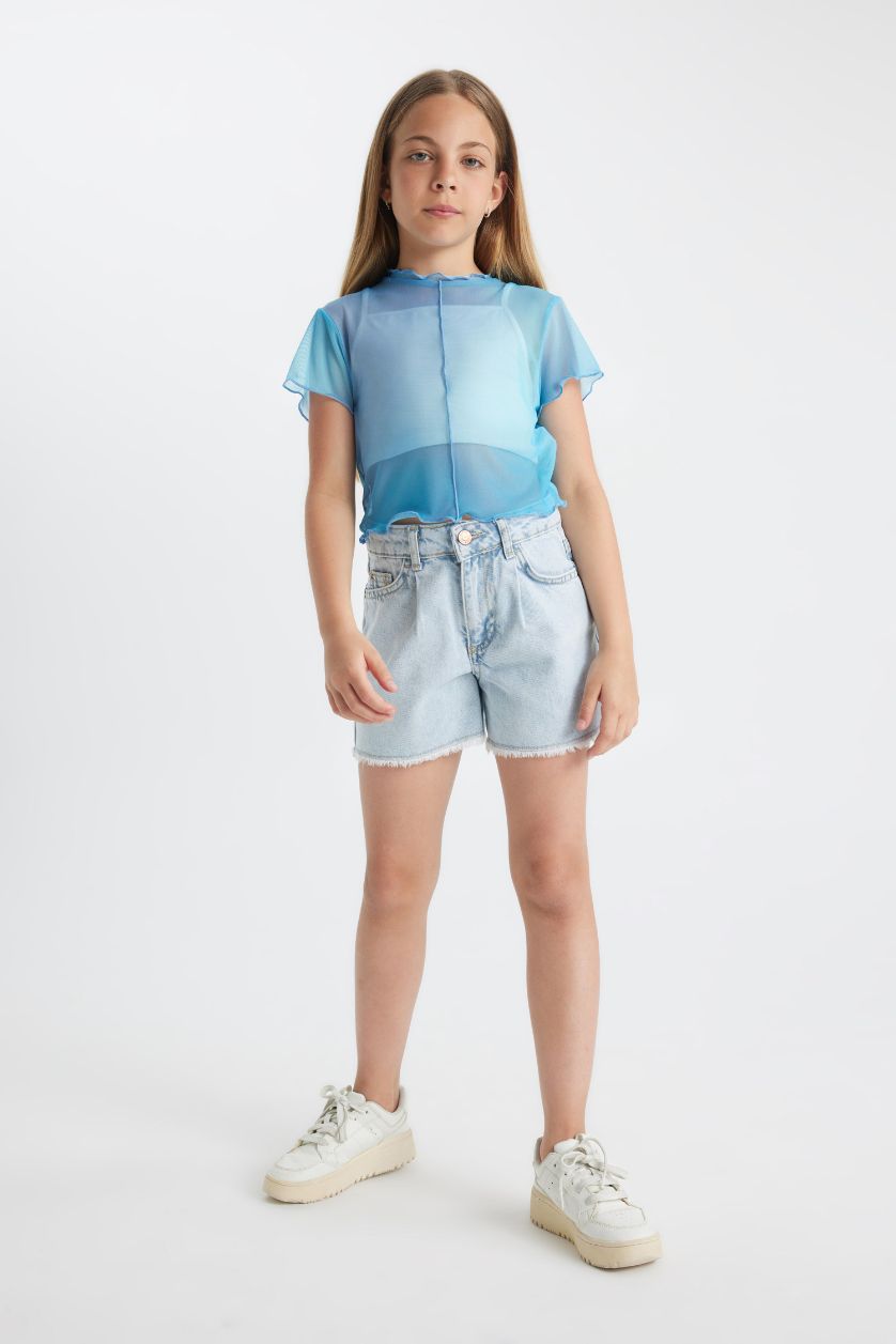 بناتي أكوا فاتح طقم بناتي تانك توب وبلوزة تول أزرق - قطعتين