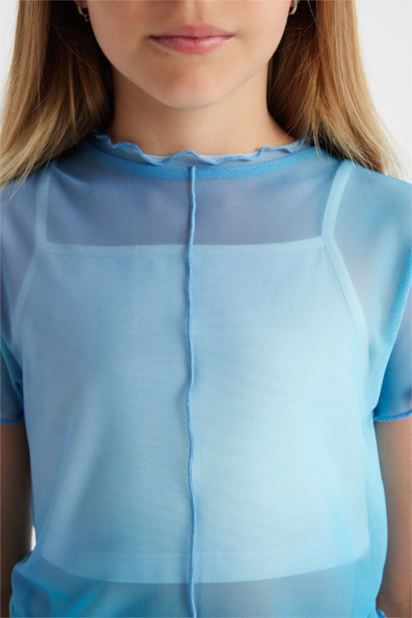 بناتي أكوا فاتح طقم بناتي تانك توب وبلوزة تول أزرق - قطعتين