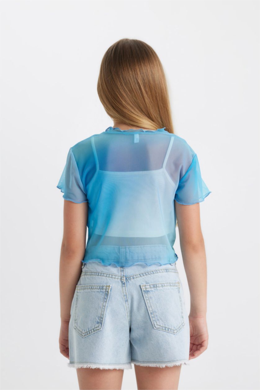 بناتي أكوا فاتح طقم بناتي تانك توب وبلوزة تول أزرق - قطعتين