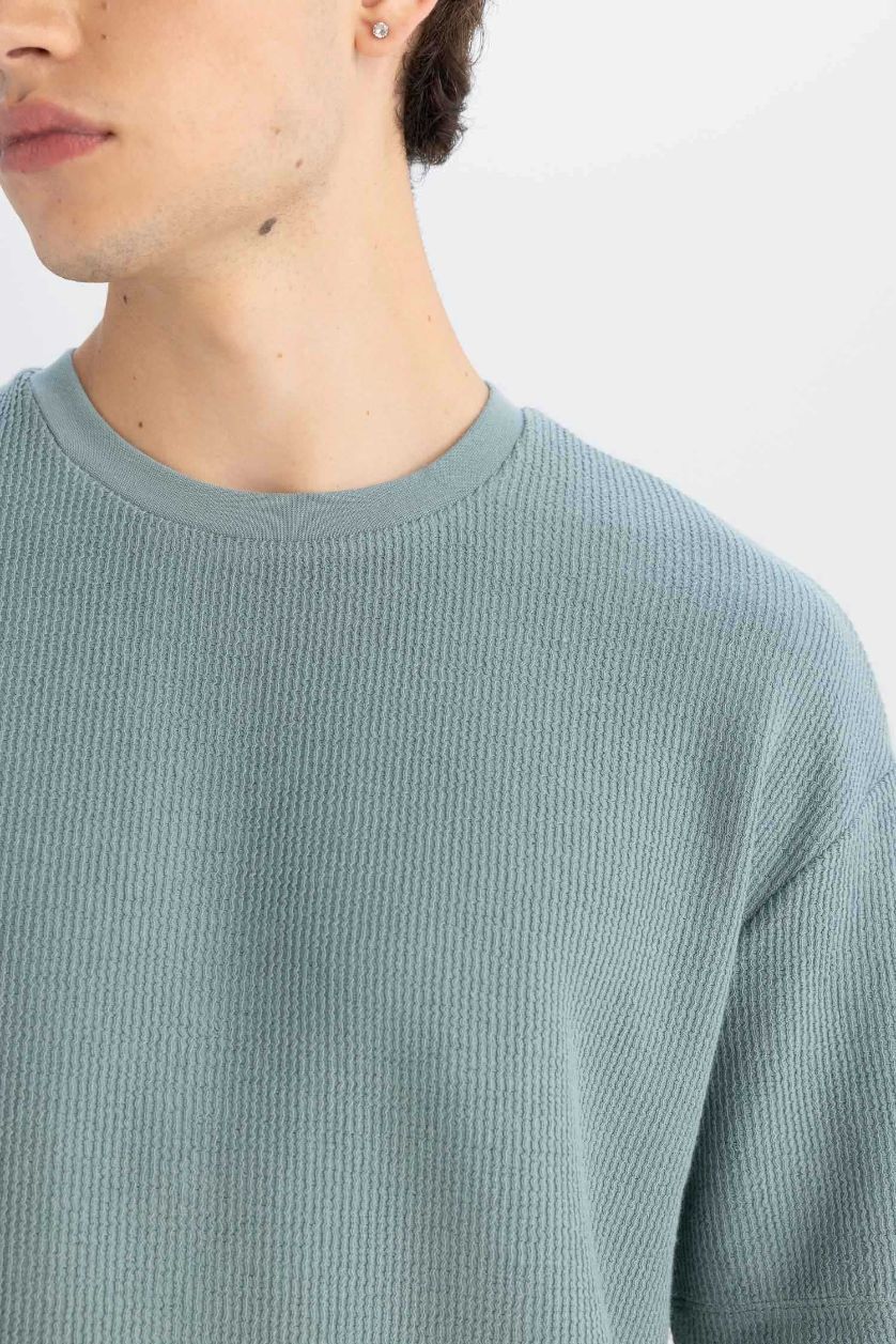 Erkek Mat Yeşil Boxy Fit Bisiklet Yaka Kısa Kollu Basic Düz Tişört