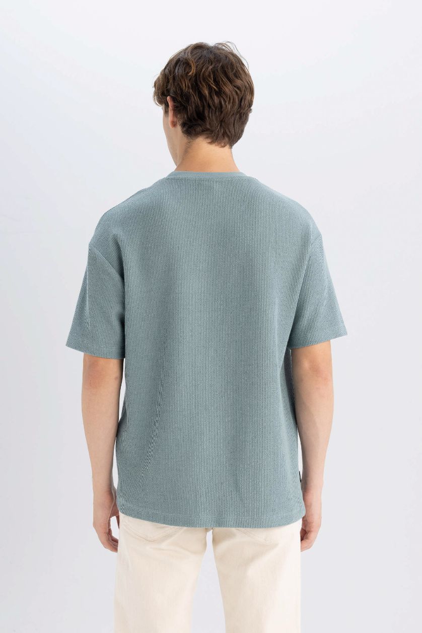 Erkek Mat Yeşil Boxy Fit Bisiklet Yaka Kısa Kollu Basic Düz Tişört
