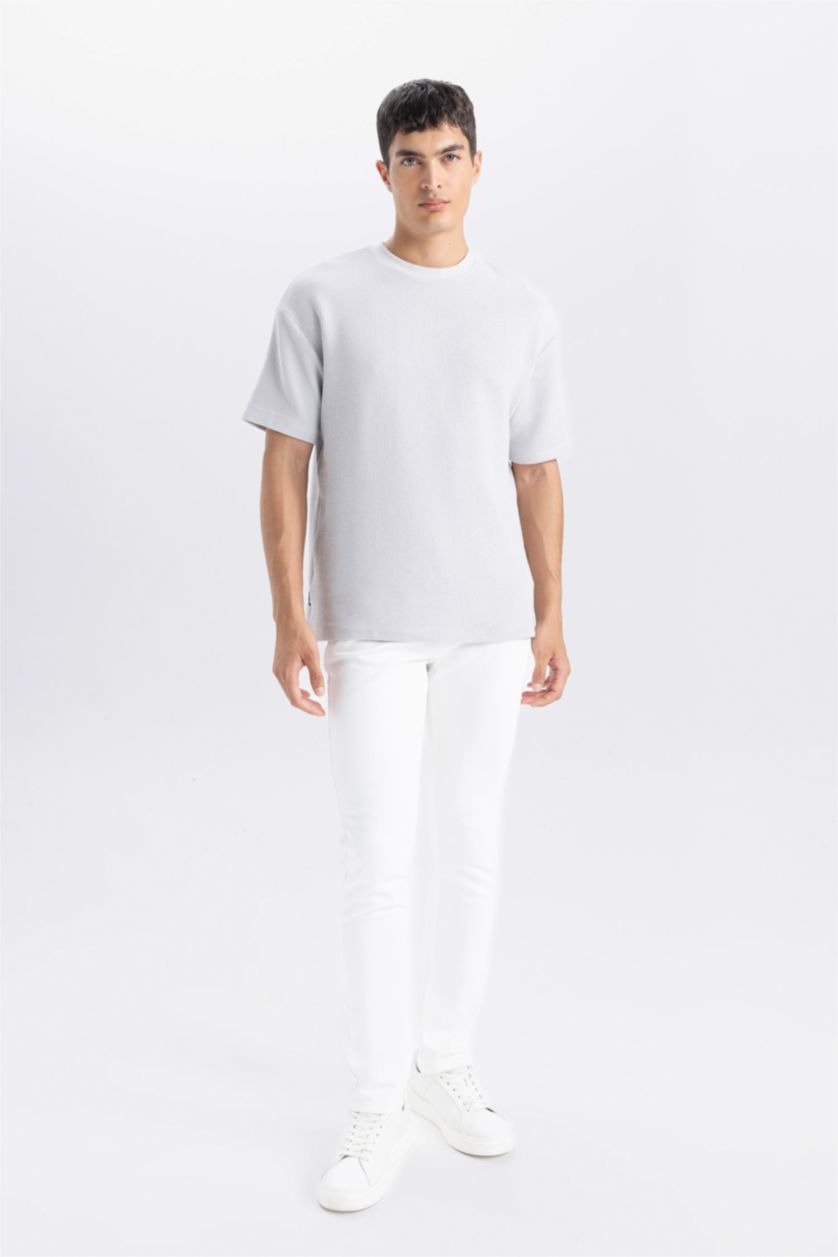 رجال رمادي فاتح تي شيرت نص ردن أوفر سايز بياخة مستديرة