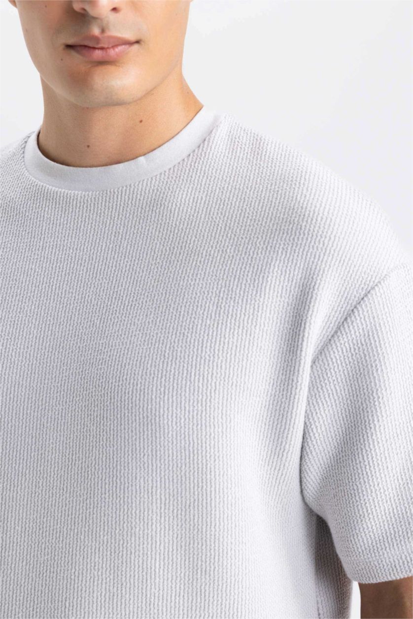 رجال رمادي فاتح تي شيرت نص ردن أوفر سايز بياخة مستديرة