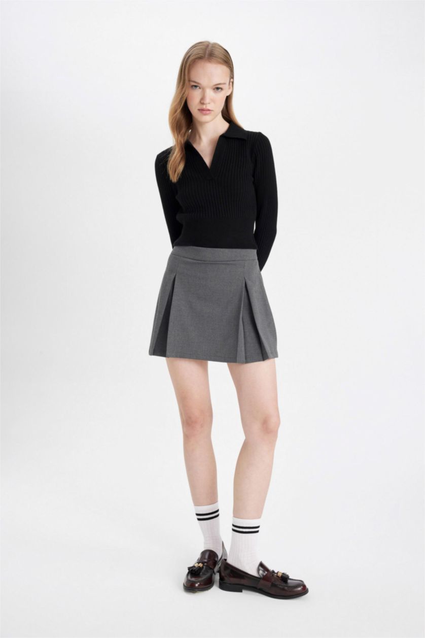 WOMAN Light Grey Melange Pleated High Waist Mini Skirt