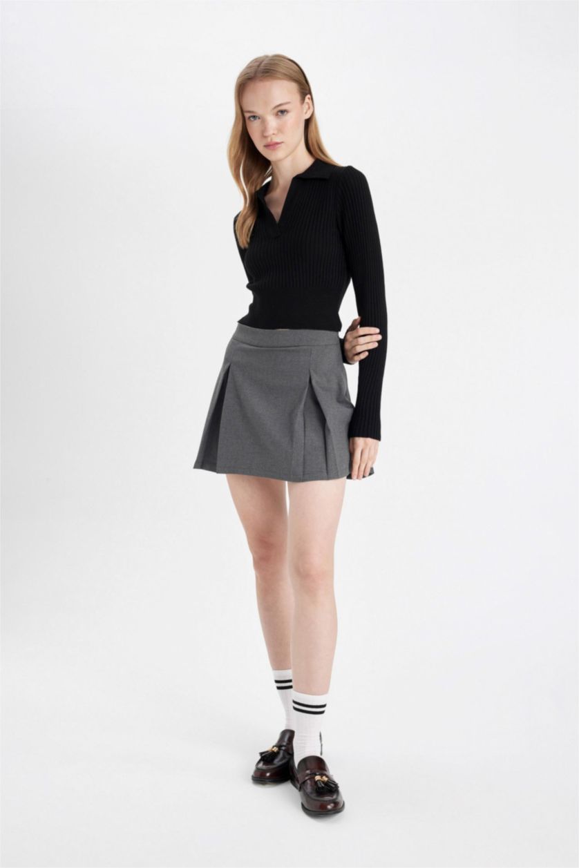 WOMAN Light Grey Melange Pleated High Waist Mini Skirt