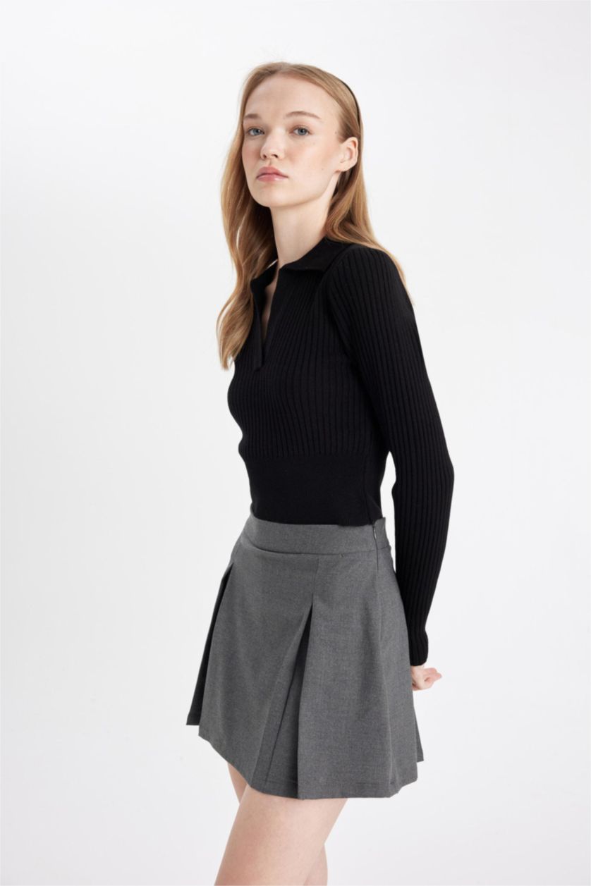 WOMAN Light Grey Melange Pleated High Waist Mini Skirt