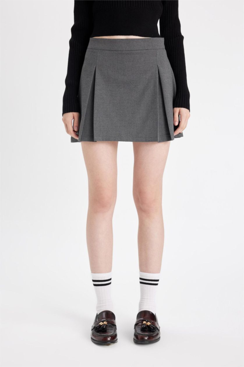 WOMAN Light Grey Melange Pleated High Waist Mini Skirt