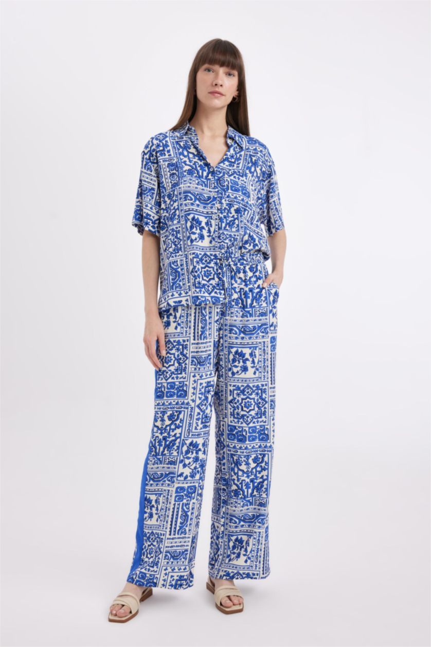 Kadın Saks Oversize Geniş Kalıp Desenli Kısa Kollu Gömlek