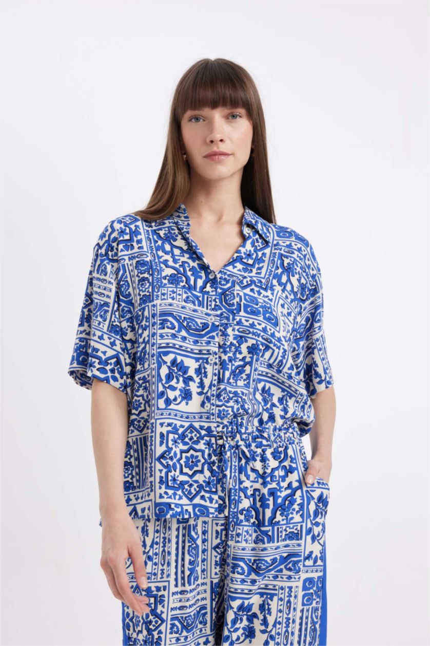 Kadın Saks Oversize Geniş Kalıp Desenli Kısa Kollu Gömlek