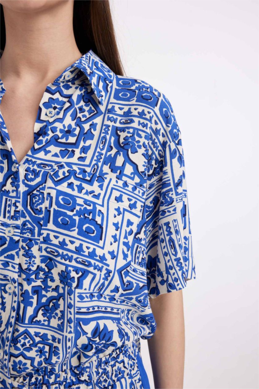 Kadın Saks Oversize Geniş Kalıp Desenli Kısa Kollu Gömlek