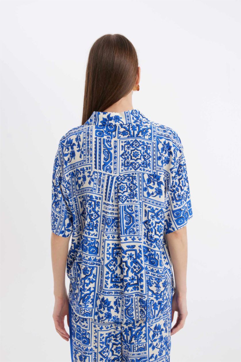 Kadın Saks Oversize Geniş Kalıp Desenli Kısa Kollu Gömlek